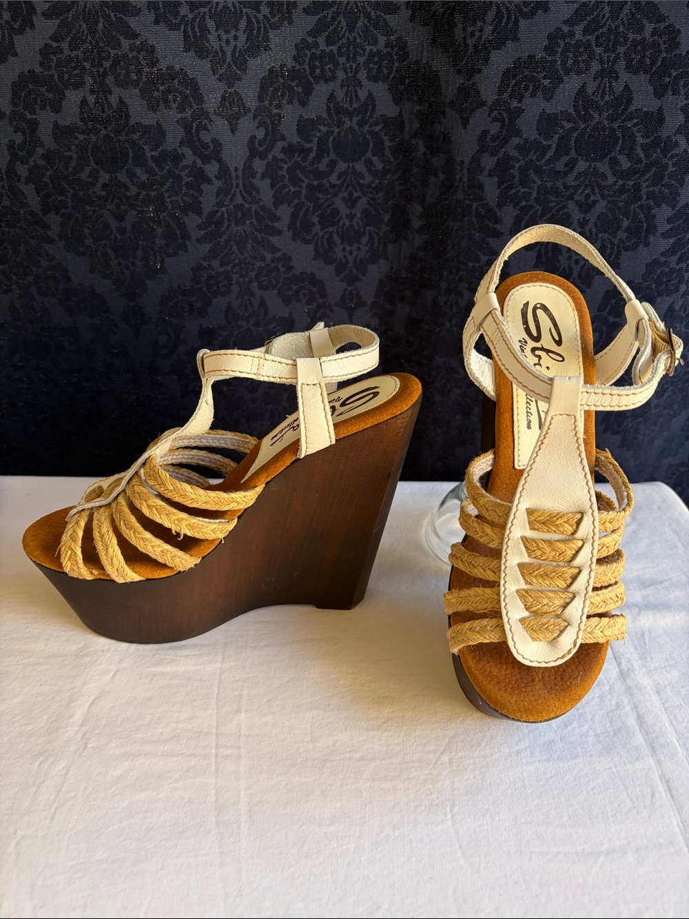 SBICCA white leather and rope with wood platform wedge sandals Sz 38, 7, 7.5 Y2K